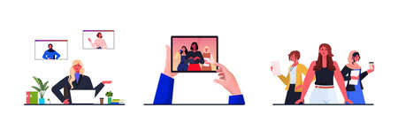 set businesswomen leaders discussing with colleagues during video call leadership concept horizontal