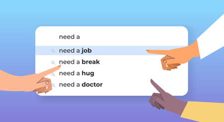 mix race human hands choosing need a job in search bar on virtual screen find job online recruitment...