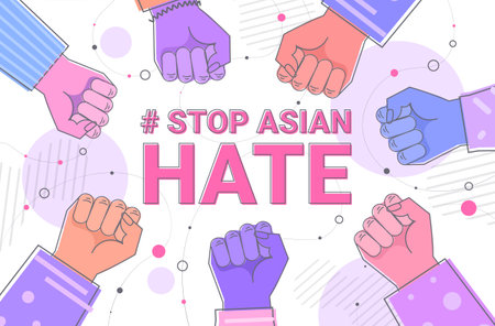 activists holding raised up fists against racism stop asian hate support people during  pandemic conceptのイラスト素材
