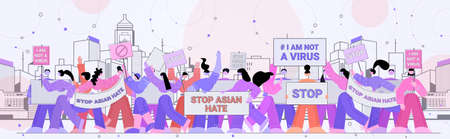 stop asian hate people holding banners against racism support people during  pandemic conceptのイラスト素材