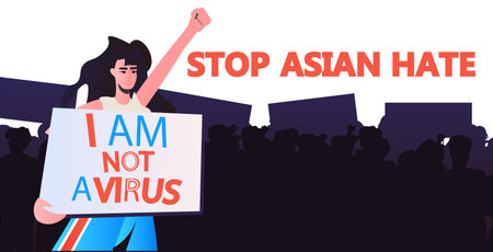 stop asian hate woman in mask holding banner against racism support people during  pandemic conceptのイラスト素材
