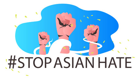 activists holding raised up fists against racism stop asian hate support people during covid-19 coronavirus pandemicのイラスト素材