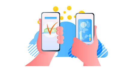human hands sending dollar coins via smartphones online money transfer payment financial transactionsのイラスト素材