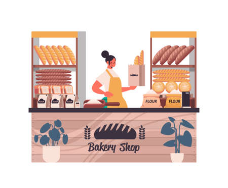 female baker holding bag with baguettes woman in uniform selling fresh bakery products in baking shopのイラスト素材