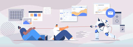 mix race businesspeople pulling rope fighting with modern robot competition conflict tug of war artificial intelligenceのイラスト素材