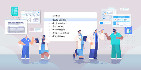 mix race doctors choosing covid vaccine in search bar on virtual screen medicine healthcare internet...