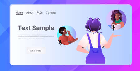 mix race people in earphones discussing during video call virtual conference online communicationのイラスト素材