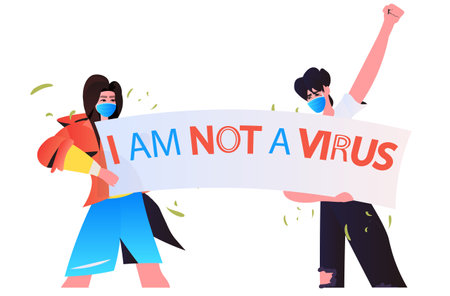 stop asian hate activists in masks protesting against racism support people during  pandemic conceptのイラスト素材