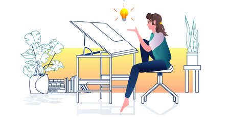 architect drawing on adjustable board panning project new creative idea concept draftsman studio interior full length horizontal vector illustrationのイラスト素材