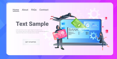hackers breaking online banking app robbers in masks stealing money internet wallet under attack bad protectionのイラスト素材