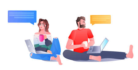 people chatting in computer app on laptops chat bubble communication conceptのイラスト素材