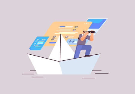 businessman with binoculars floating on paper boat looking for successful future leadership startup strategy planningのイラスト素材