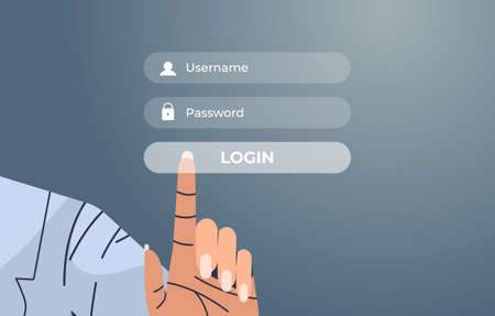 human hand pressing login button on virtual screen authorization internet networking conceptのイラスト素材