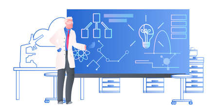 male doctor scientist making presentation on board researcher analysing complicated molecular formulaのイラスト素材