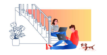 couple using laptops man woman freelancers or students working at home online communication self isolationのイラスト素材