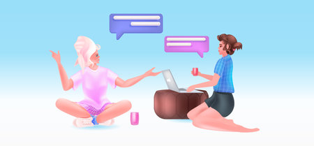 young women using laptop and discussing during meeting chat bubble communication conceptのイラスト素材