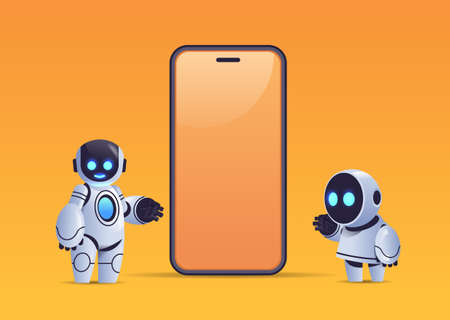two robots standing near smartphone with blank screen robotic character artificial intelligence technology conceptのイラスト素材