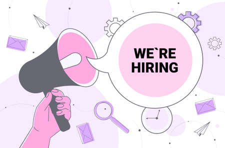 hr manager hand holding loudspeaker we are hiring join us speech vacancy open need a job recruitment conceptのイラスト素材