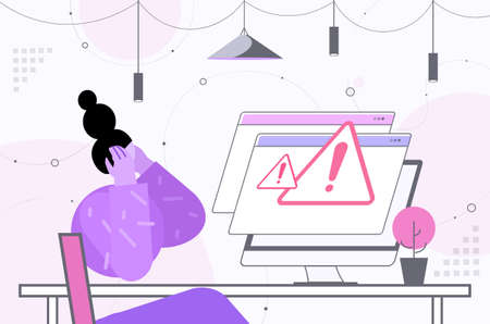 frustrated woman reacting to danger exclamation marks problem cyber attack hacking warning signal...