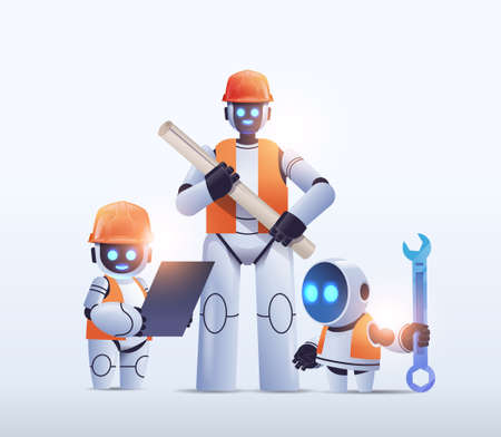 robots engineers holding construction drawings modern robotic architects with blueprints artificial...