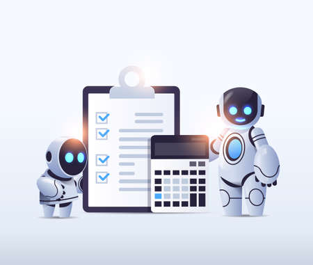 robots with clipboard and calculator financial data report organization process analytics accountingのイラスト素材
