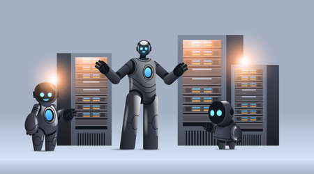 robots in server room big cloud data analysis artificial intelligence technology concept