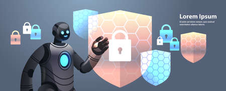 modern robot cyborg with protection shield cyber security data protection artificial intelligence...
