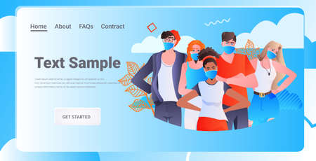 mix race friends in medical masks standing together coronavirus pandemic concept portrait