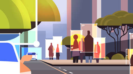 Detection and identification of people and cars on city street roads facial recognition AI analyze big data conceptのイラスト素材