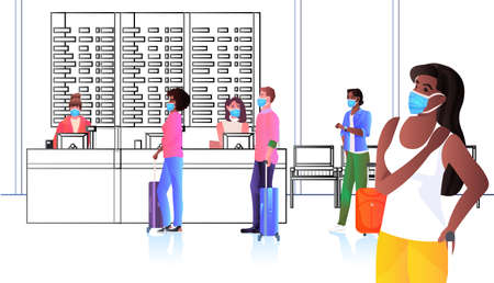 Mix race passengers in protective masks standing at check-in counter coronavirus pandemic social distancing conceptのイラスト素材