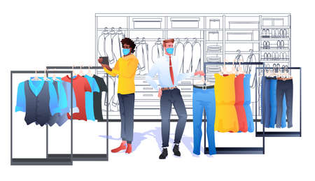 Salesman in mask showing clothes to male customer in fashion boutique coronavirus pandemic quarantine conceptのイラスト素材