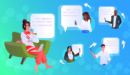 Mix race friends using digital gadgets chat bubble communication conceptのイラスト素材