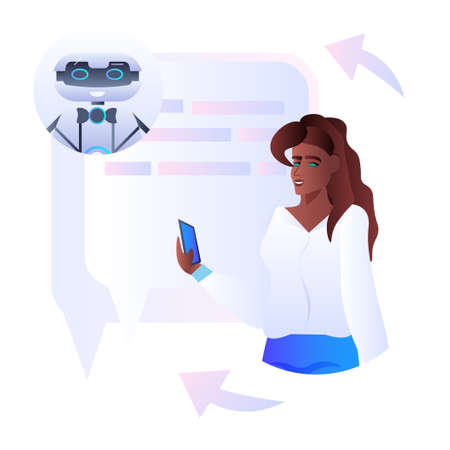 African american woman discussing with robot chatbot assistant in mobile messenger app artificial intelligenceのイラスト素材