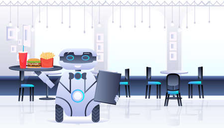 Humanoid robot waiter carries tray with food and drinks in restaurant artificial intelligence technology conceptのイラスト素材