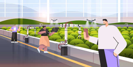 Mix race farmers controlling agricultural drones sprayers quad copters flying to spray chemical fertilizersのイラスト素材