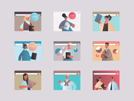 set mix race business people chatting online in computer web browser windows chat bubble...