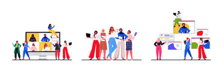 set businesswomen leaders discussing with colleagues during video call leadership concept