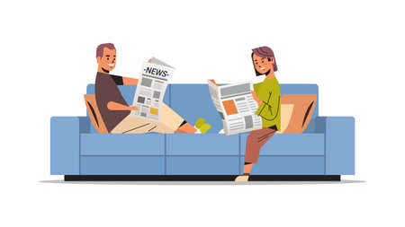 couple holding newspapers man woman sitting n sofa reading daily news press mass media conceptのイラスト素材