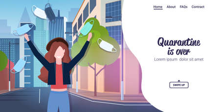 girl throwing face masks celebrating victory over coronavirus pandemic quarantine covid-19 is endingのイラスト素材