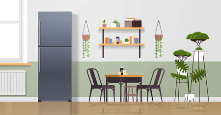 silver refrigerator in modern kitchen interior home appliance concept horizontalのイラスト素材