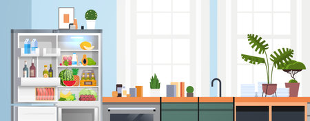 modern kitchen interior empty nobody apartment with open fridge full of fresh food home appliancesのイラスト素材