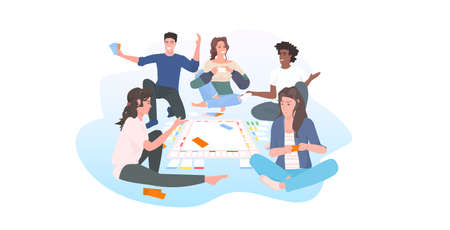 people playing monopoly board game at home mix race friends having fun leisure activity conceptのイラスト素材