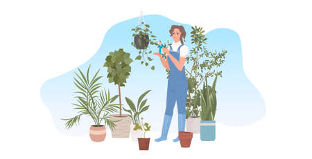 female gardener using pruners cutting houseplants garden work with branches and foliageのイラスト素材