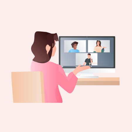 woman meeting with mix race friends during video call covid-19 pandemic coronavirus quarantine conceptのイラスト素材