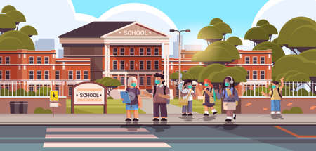 schoolchildren wearing masks to prevent  pandemic pupils standing together near school building