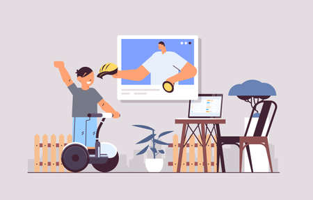 schoolboy riding electrical scooter and discussing with instructor in web browser window during video callのイラスト素材