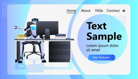 robot sitting at workplace robotic businessperson working in office artificial intelligence technology conceptのイラスト素材