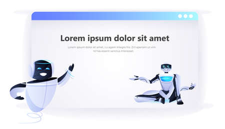 robotic assistants with speech bubble robots couple online communication artificial intelligence technology conceptのイラスト素材