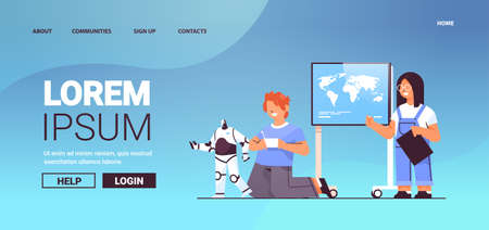 schoolgirl making presentation schoolboy playing with radio controlled robotic toy horizontalのイラスト素材