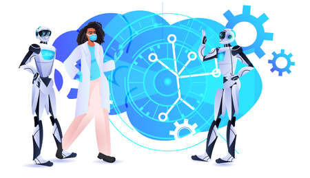 robotic psychologists discussing with woman patient in mask psychotherapeutic counseling...